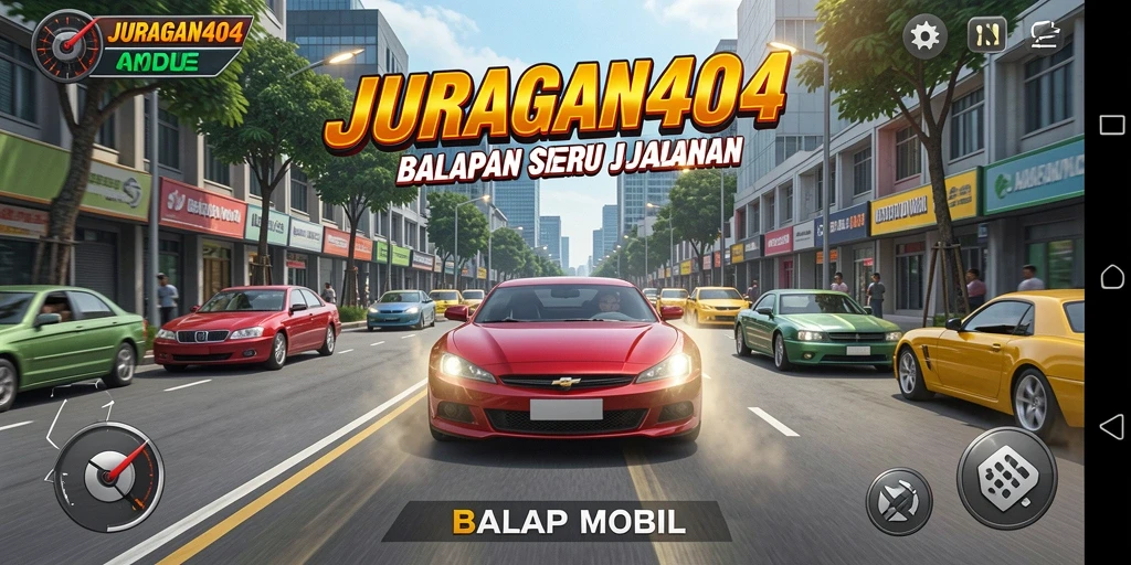 Antarmuka JURAGAN404 menampilkan mobil balap di jalanan kota.