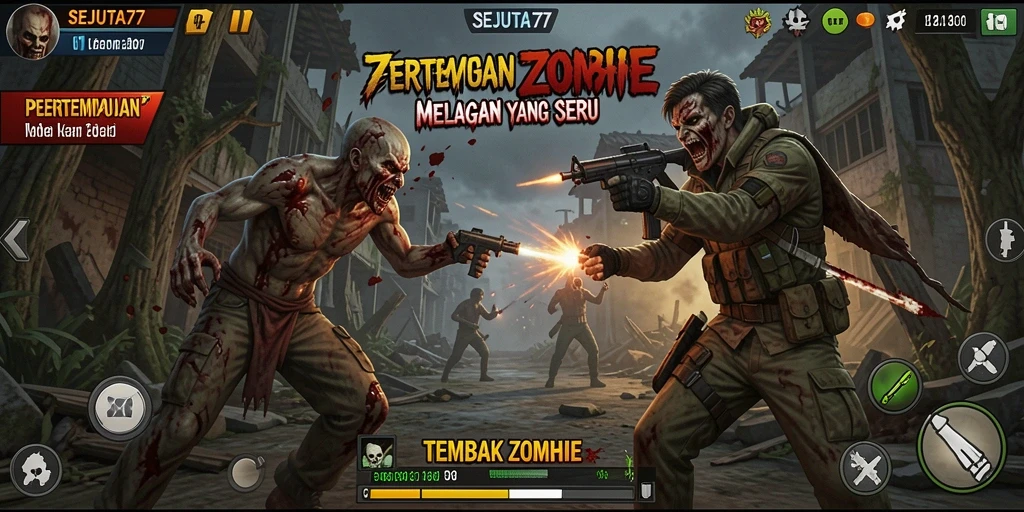 Antarmuka permainan SEJUTA77 dengan aksi menembak zombie yang mendebarkan.