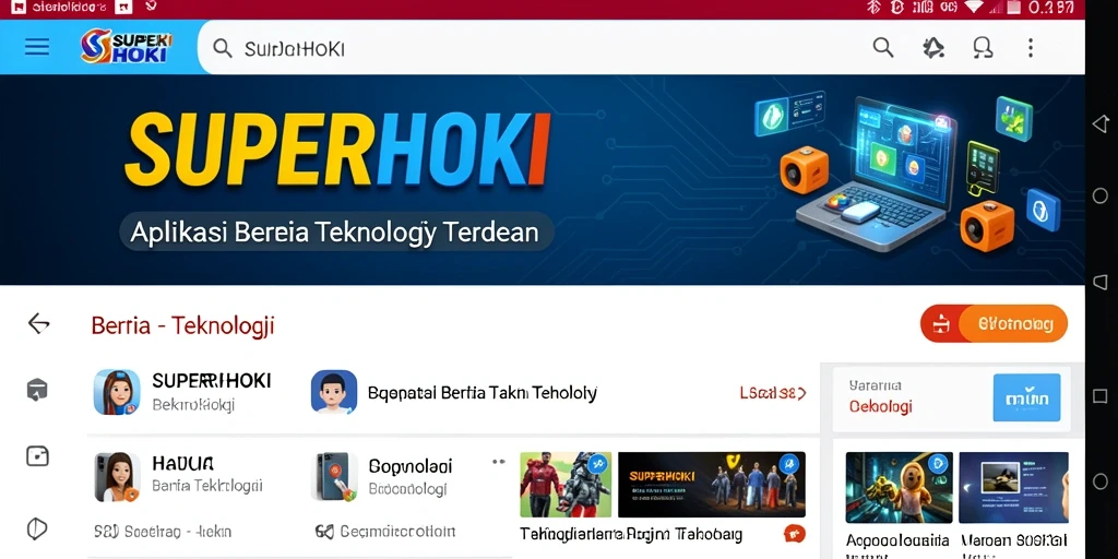 Antarmuka SUPERHOKI menampilkan berita teknologi terkini dan mudah dinavigasi.
